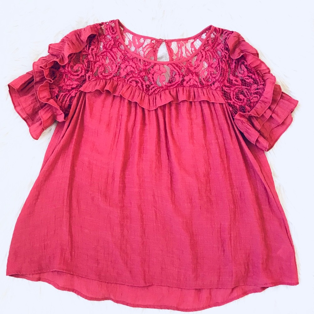 Deep Pink Lace Detail Ruffles Short Sleeve Sz M